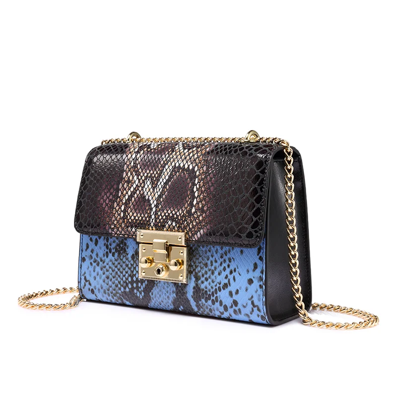 Realer жесткий клапаном натуральная кожа сумка женская цепочка сумки через плечо змеиный принт роскошные сумки женские сумки - Цвет: blue