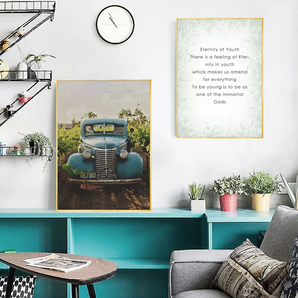 Car Poster Vintage Wall Art Canvas Decorative Paintings Quotes Wall Pictures For BedRoom Vintage Wall Paining Blue CarUnframed