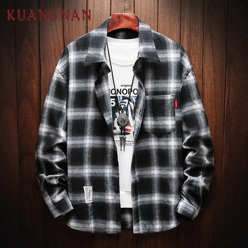 

KUANGNAN Japan Style Plaid Shirt Men Streetwear Men Shirts Casual Slim Fit Korean Men Shirt Long Sleeve 5XL Clothing 2019 Spring