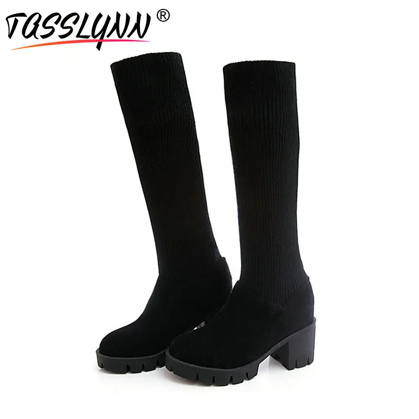 

TASSLYNN 2018 Women Boots Round Toe Knee High Slip on Shoes autumn platform Square High Heels stretches Women Shoes Size 34-43