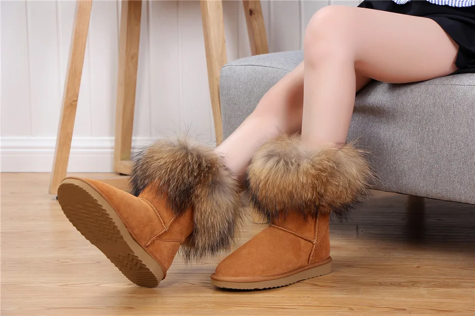 MBR FORCE Fashion Women's Natural Real fox Fur Snow Boots Genuine Cow Leather women Boots Female Warm Winter Boots Shoes