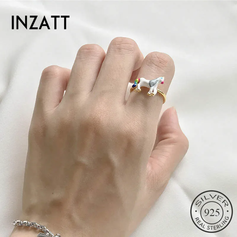

INZATT Real 925 Sterling Silver Cute Enamel Unicorn Ring For Fashion Women Minimalist Fine Jewelry Accessories 2019 Gift