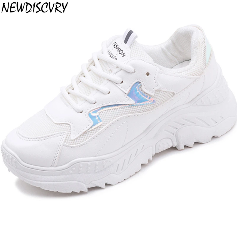 

NEWDISCVRY Mesh Women Flat Chunky Sneakers 2019 Fashion Breathable Women's Platform Dad Trainers Thick Sole Woman Shoes white