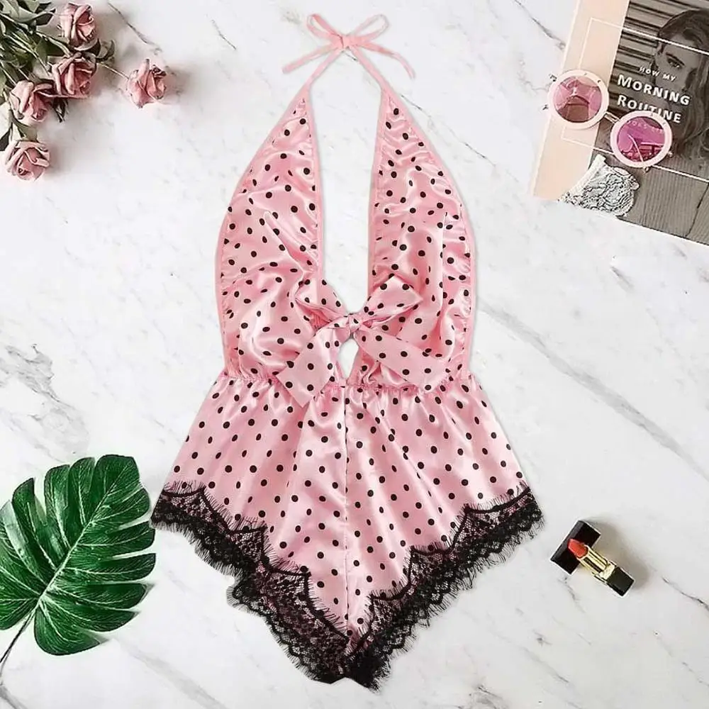 

Women 2019 New Sleepwear Women's Satin Dot Print Silk Lingerie Lace Pajamas Sleepwear Suit Underwear Set For Laides Pink P3