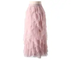 Женская летняя фатиновая юбка с эластичной высокой талией в Корейском стиле; розовые вечерние юбки-макси; Многослойная сетчатая юбка-пачка