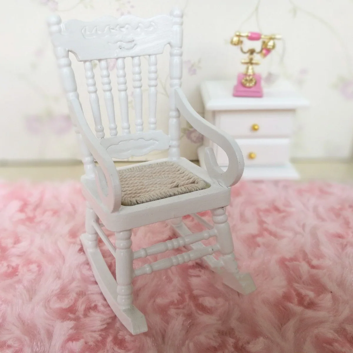  Dollhouse Bedroom Furniture Set 6 PCS Bed Rocking Chair Dressing Mirror Cabinet