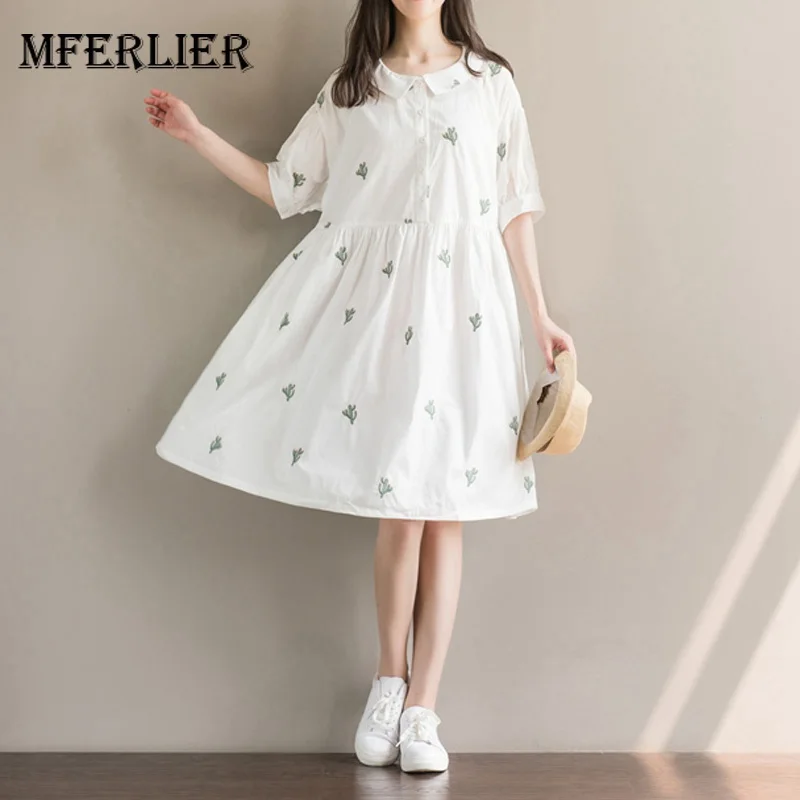 

Mferlier Summer Mori Girl Embroidery Dress Peter Pan Collar Short Sleeve Women Artsy Refreshing White Dress