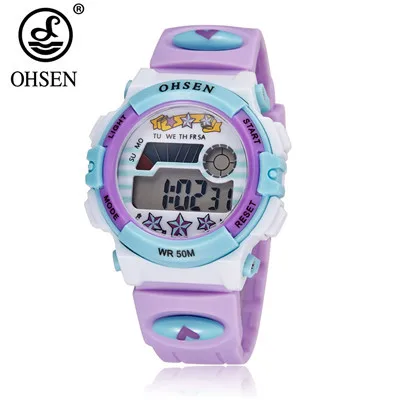 Топ продаж OHSEN Kids lcd Цифровые детские спортивные часы для мальчиков, наручные часы, модные детские часы 50 м, будильник для плавания, студенческие синие детские часы, подарок - Цвет: Purple