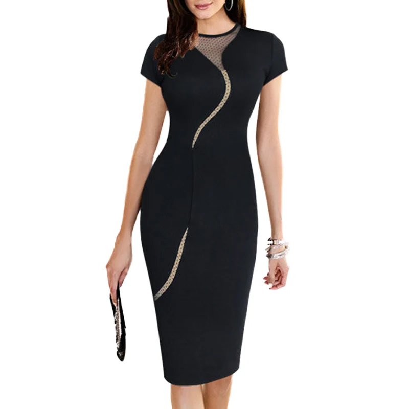 

womens elegant vintage patchwork grenadine bodycon dress sexy o-neck short sleeve pencil dresses fashion club party dress wdr036