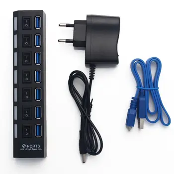 

50pcs 7 Ports USB 3.0 Hub with On/Off Switch+ US/EU AC Power Adapter for PC Laptop Black