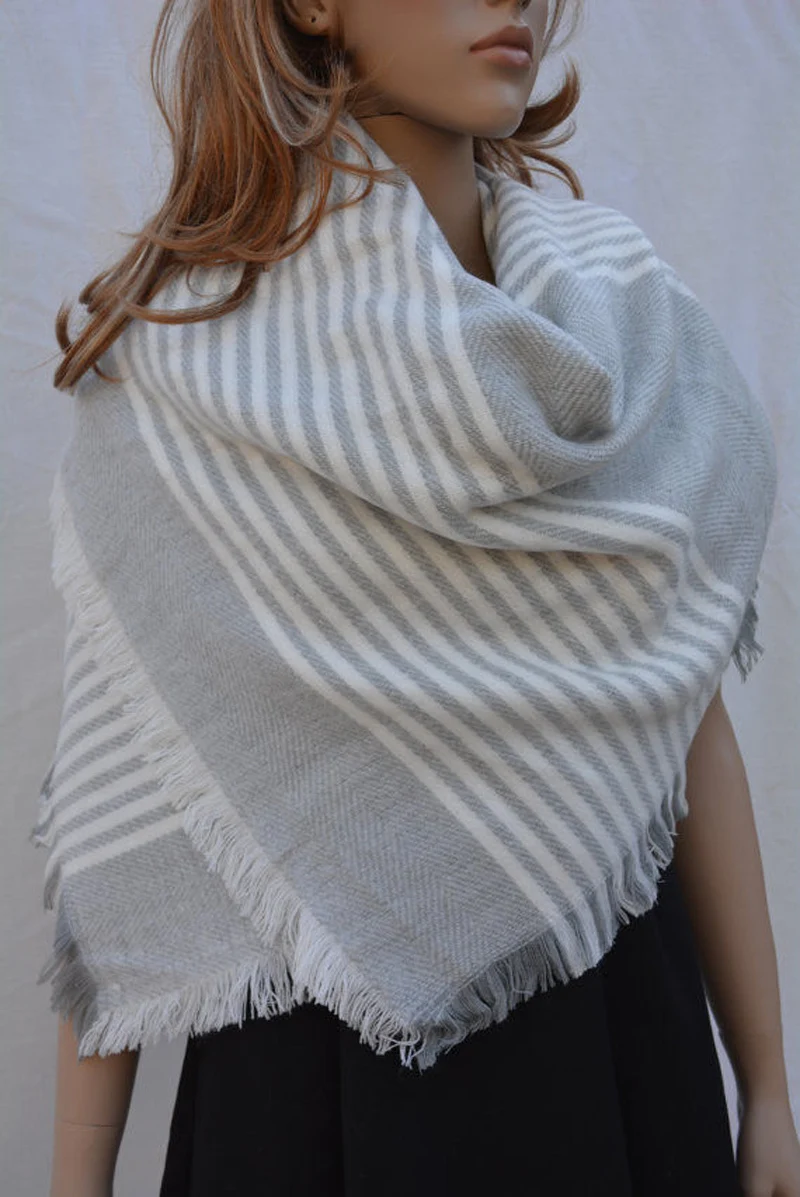 New Oversized Plaid Fringed Grey White Striped font b Tartan b font Blanket Scarf Shawl Hot