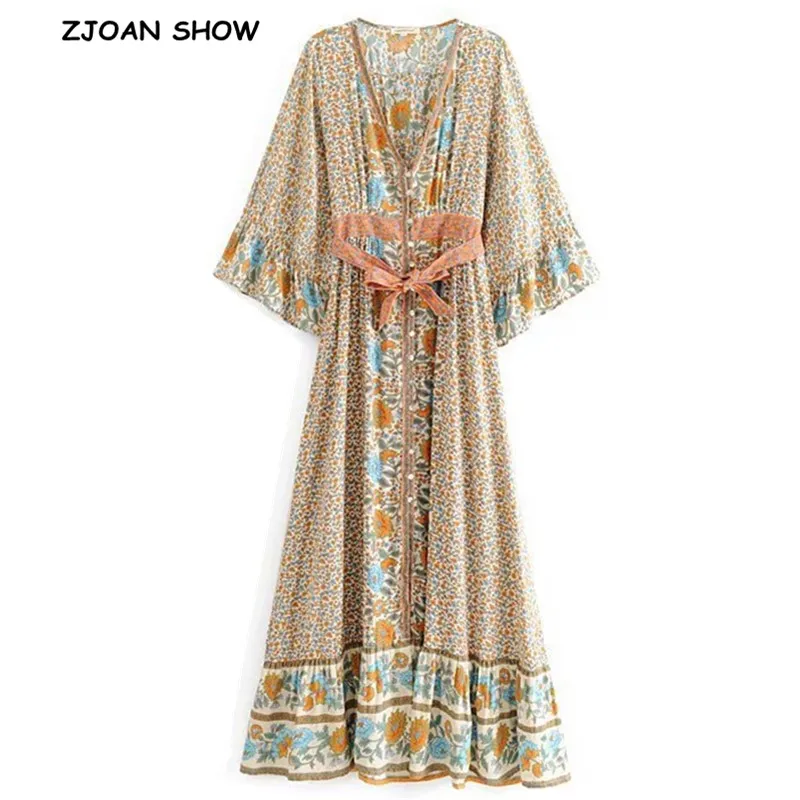 

2019 V neck Sunflower Floral Print Women BOHO Dress Beige Bow Sashes Single-breasted Button Flare Sleeve Maxi long Swing Dresses