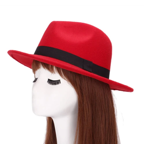 HT1224 Новая модная женская мужская фетровая шляпа широкий джазования с полями церковная Кепка винтажный Панама пляжный топ шапка унисекс однотонная красная Серая шерстяная фетровая шляпа - Цвет: Красный