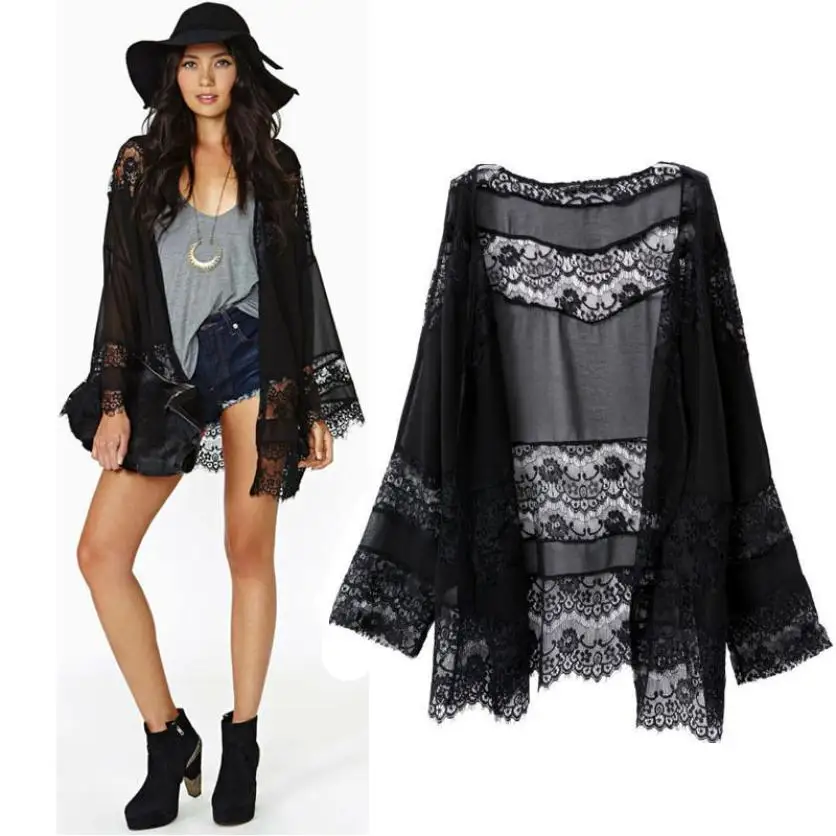 

Women Summer Capes Floral Lace Splicing Hollow Chiffon Kimono Cardigan Blouse Coat Tops Cover Up Tunic Ponchos Casual Beach
