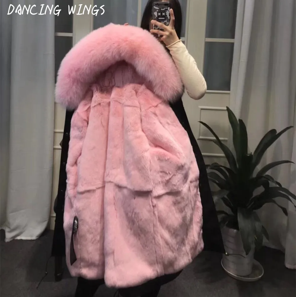 

High Quality Hooded Real Rex Rabbit Fur Liner Thick Parkas Natural Large Fox Fur Collar Winter Jacket Long Coat Women