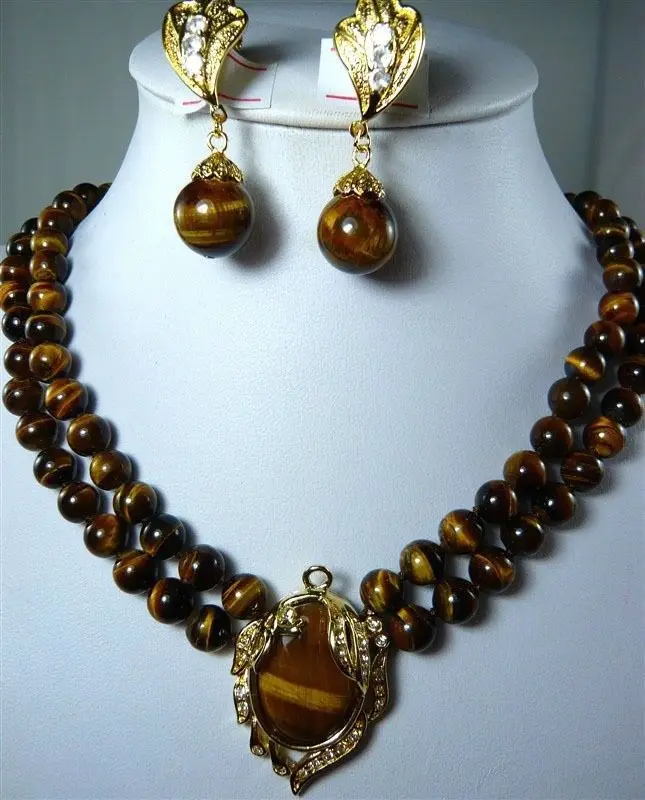 

2 Row 8mm Natural Tiger Eye Stone Necklace Pendant Clip Earrings Set>>18K GP Plated gold Bridal wide watch wings queen JEWE
