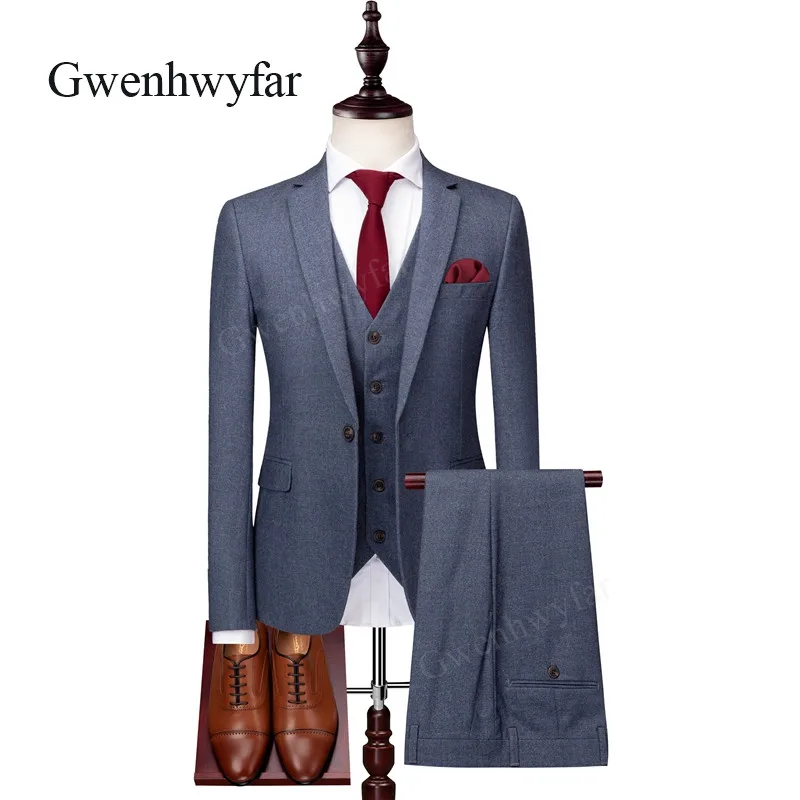 

Gwenhwyfar 2018 Autumn New Grey Plaid Business Men Office Wear Suits Elegant Gentlemen Groom Wedding Tuxedos (Jacket+Pants+Vest)