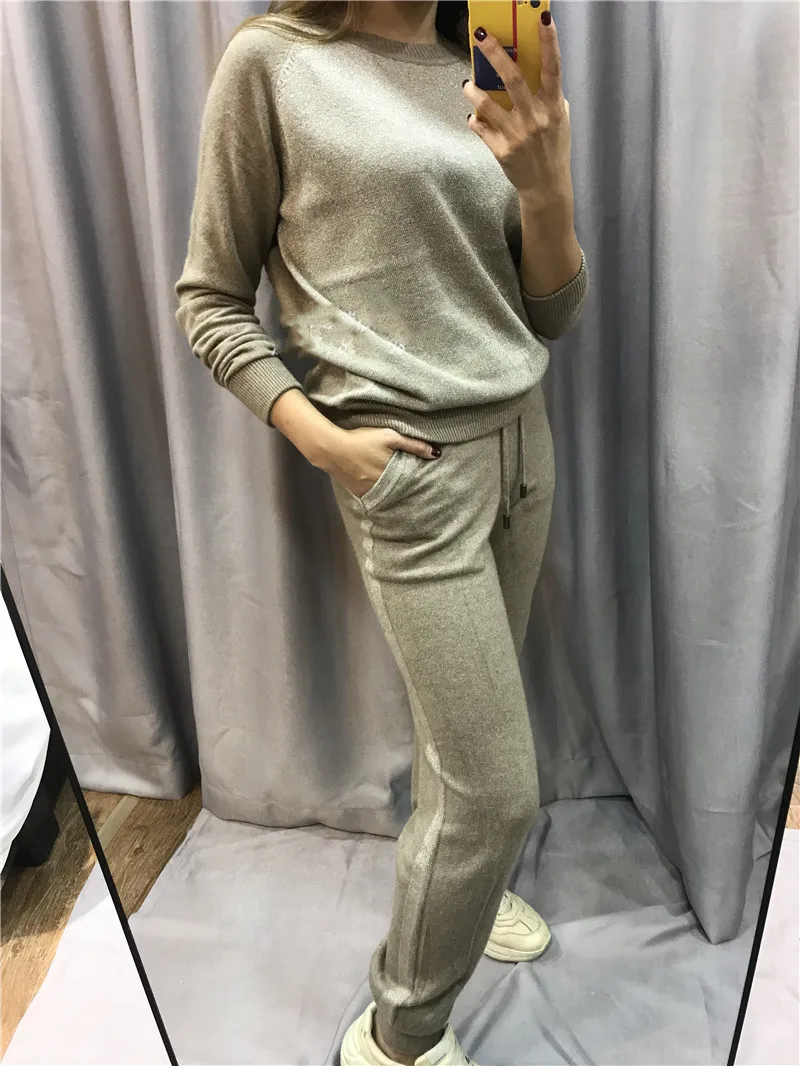 

2019 Wool Full Real Knitted Two-piece Women's Color Matching Bright Line Pullover Sweater Casual Trousers Cashmere Suit Women
