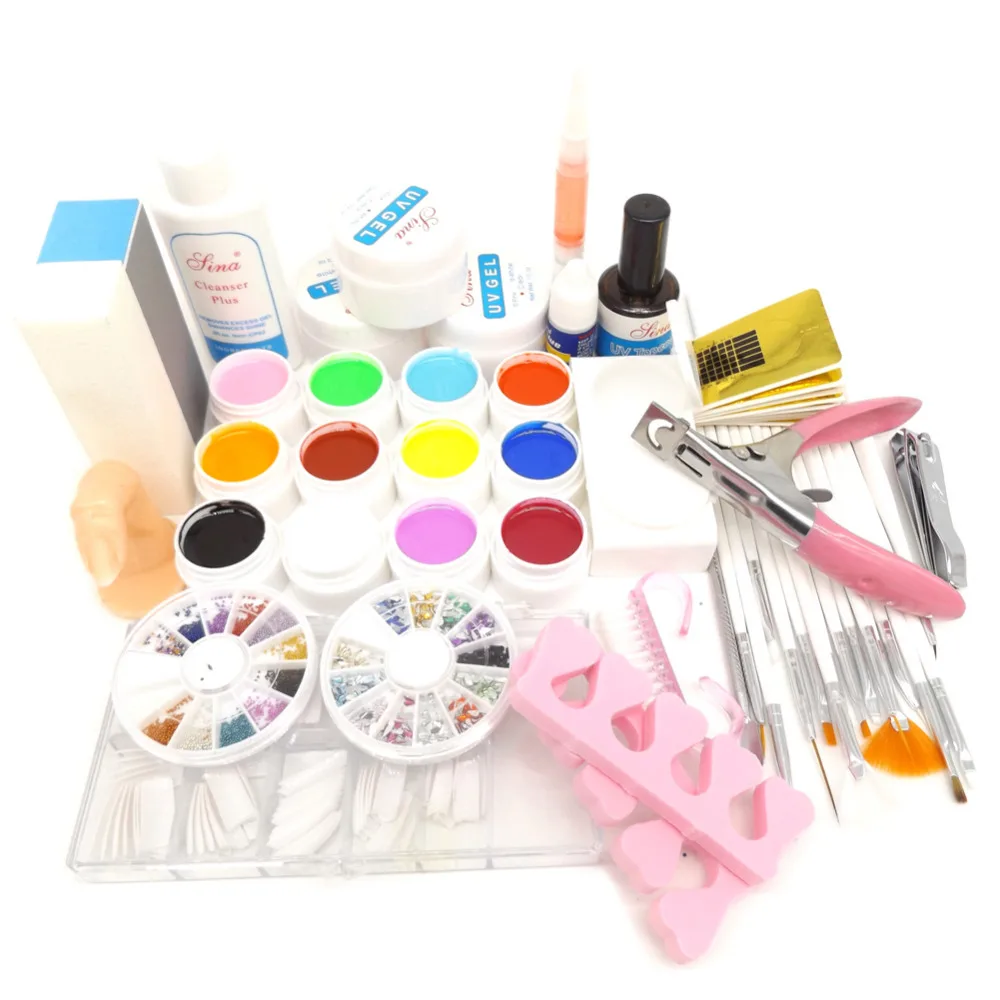 

Pro 12 Color UV Gel Nail Brushes Topcoat Cleanser Plus Nail Glue Rhinestones Base gel oil Nail Art Tool Kits Manicure Set
