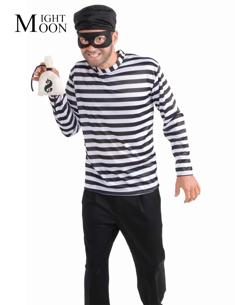 MOONIGHT Black White Stripe Prisoner Costume Halloween Costumes for Men Carnival Party Cosplay Uniform | Тематическая одежда и