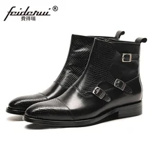 Винтажная мужская декоративная застёжка ручной работы; мужские дизайнерские ковбойский из натуральной кожи; мужские мотоциклетные ботильоны с круглым носком; SS308