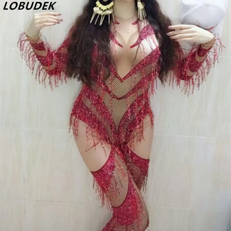Красный трико с кисточками и кристаллами Zentai Женское боди ярким камнем