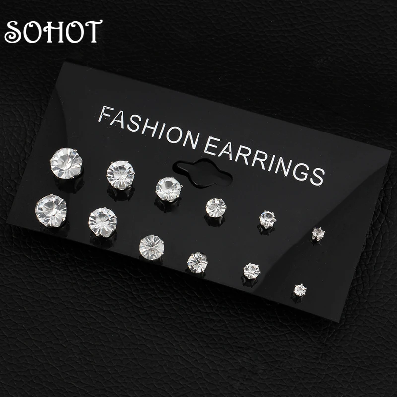 

SOHOT New 6 Pairs /Set Different Size Earrings Imitation Crystal Stud Shiny Clear Charm Black For Women Bijoux Jewelry Brincos