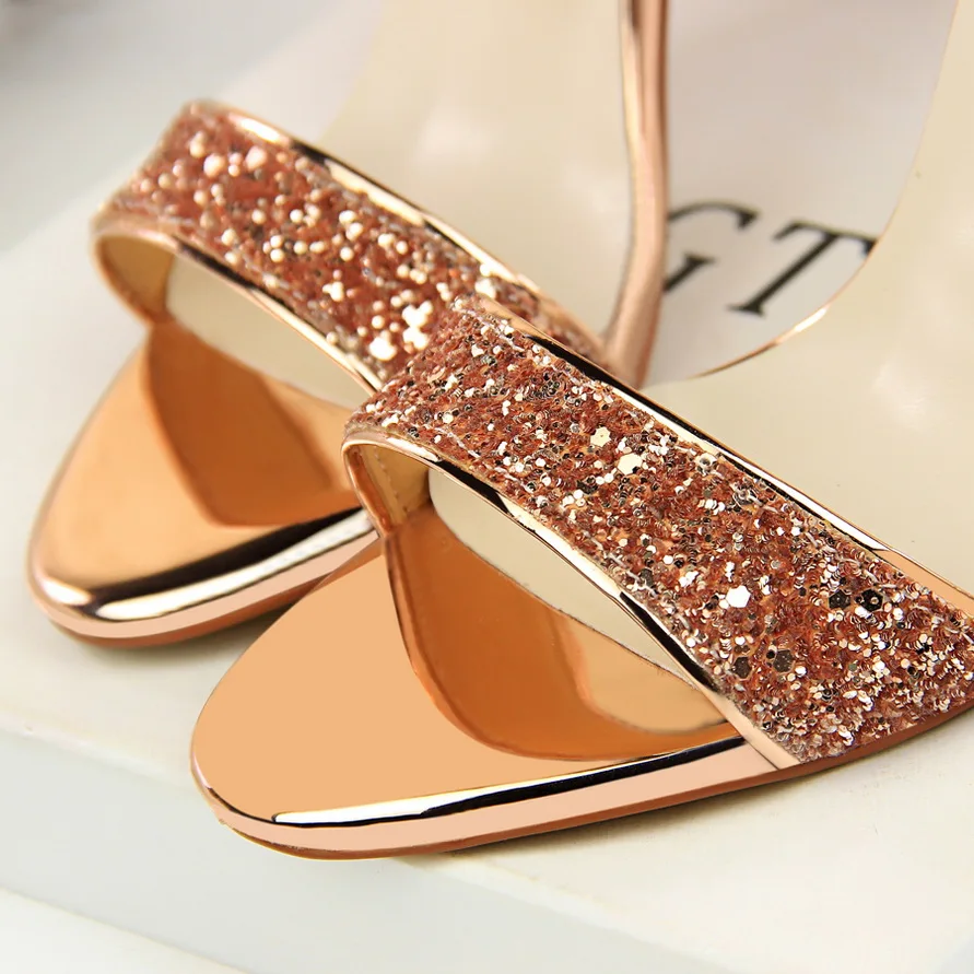 2018 Women Summer 9cm High Heels Sequins Sandals Lady Sexy Strap Stiletto Pumps Female Escarpins Wedding Bride Pink Gold Shoes