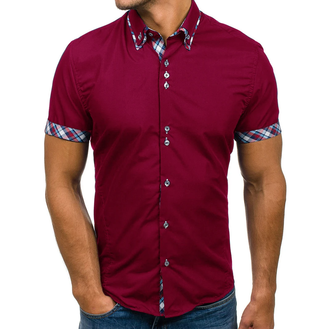 Лидер продаж однотонные мужские короткий рукав модный бренд лето Slim Fit для мужчин отложным воротником высокое количество плюс размеры - Цвет: wine red