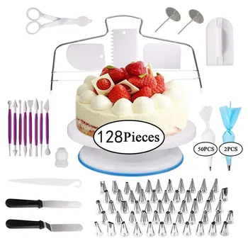 

128pcs Lot Cake Turntable Icing Piping Nozzles Cookie Pastry Bag Cream Spatula Cake Decorating Tools Double Line Cake Layered