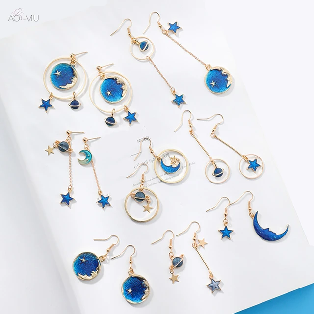 Aomu 2018 New An Style Jewelry Blue Star Moon Long Drop Earrings Aomu 2018 New An Style Jewelry Blue Star Moon Long Drop Earrings For Women Asymmetric Round