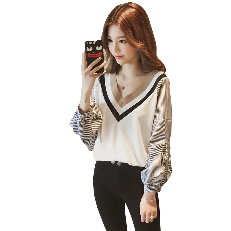 

2019 new women's shirt striped stitching shirt female long sleeve loose Korean version of the chic student lantern sleeve shirt