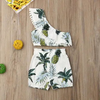 

2019 Summer Sleeveless Off Shoulder Crop Tops Shorts Outfits Girl Floral Printed 2PCs Newborn Kids Baby Girls Clothes Set