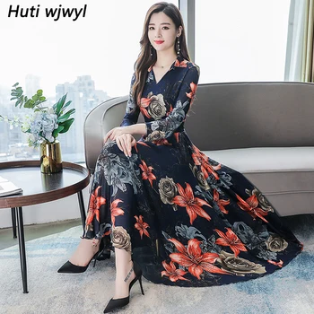 

Autumn Winter Black Floral Chiffon Midi Dress 2019 Vintage 3xl Plus Size Long Sleeve Dresses Elegant Women Bodycon Party Vestido