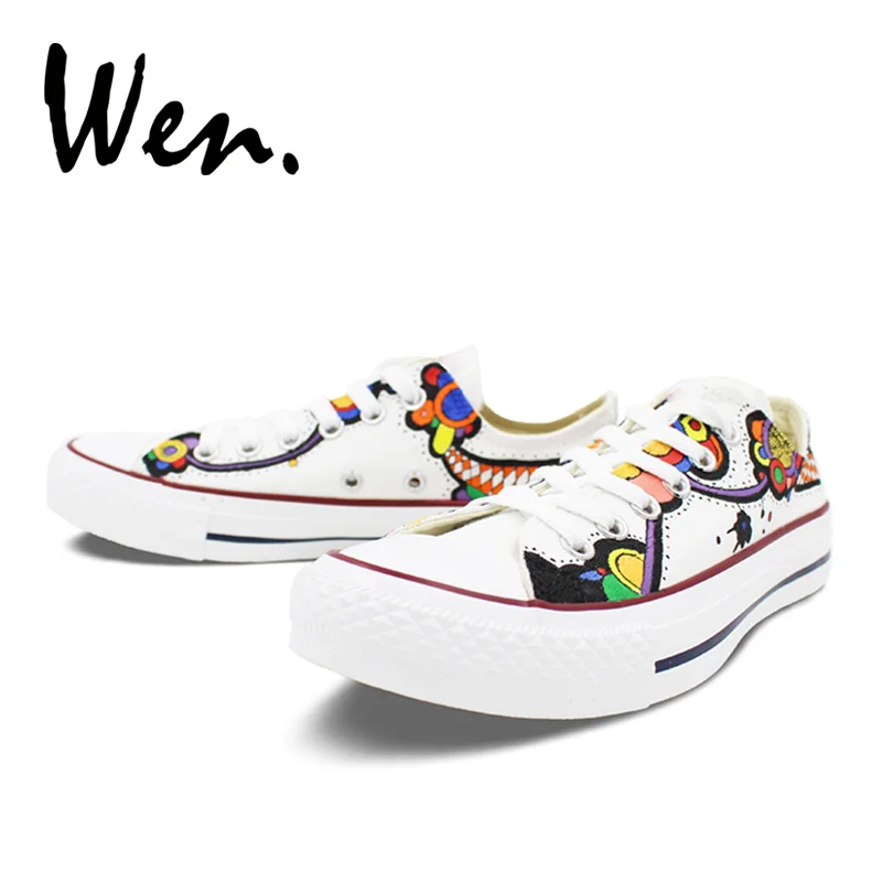 Wen/белые туфли с ручной росписью; дизайн; разноцветная обувь с цветочным принтом; Женская Повседневная парусиновая обувь с низким верхом; плимсоллы