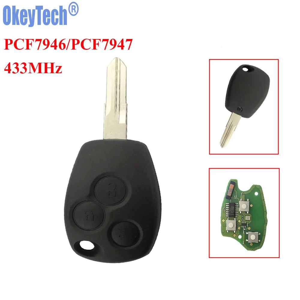 OkeyTech Car Remote Key Fob for Renault Clio Scenic Kangoo Megane 433MHz with PCF7946  PCF7947 Chip 3 Button Uncut VAC102 Blade