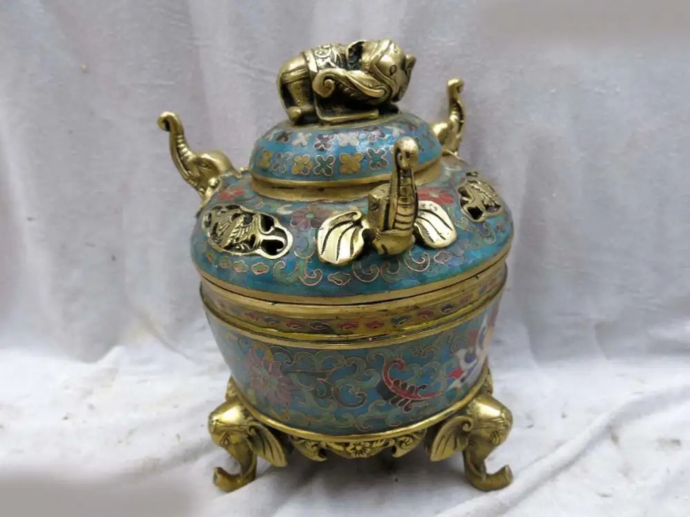 

8" China handmade bronze gild Cloisonne censer seven elephant incense burner ST (D0426)