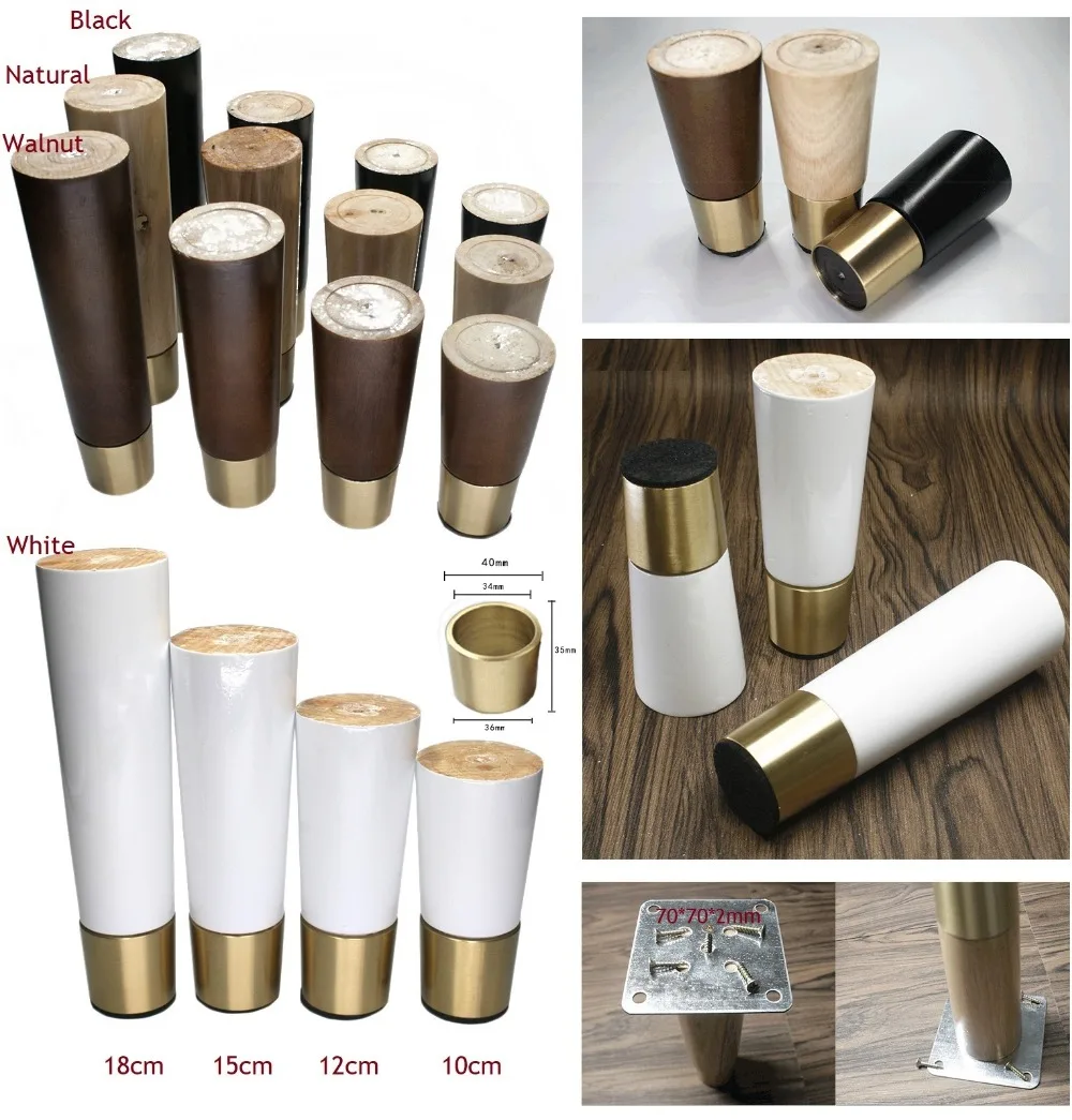4Pcs/Lot Solid Oak Wood Round feet leg furniture sofa cabinet bar Mid-Century Modern Bun Feet Brass Base Cup Sleeve tapered foot