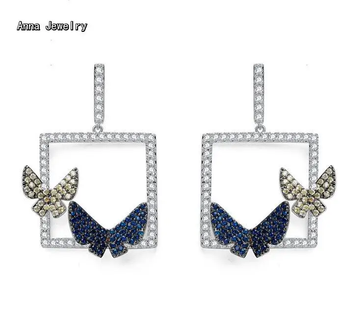 

Little Luxury Designer Dazzling Butterfly Drop Earrings Silver Color with Paved CZ Diamonds and Blue Stones Square Earring