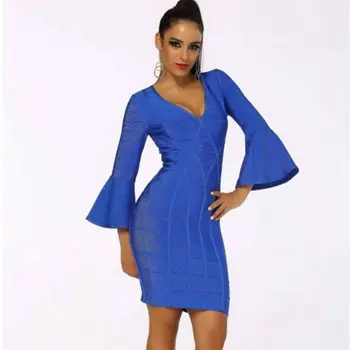 

2018 New Arrival summer Dress Blue Vestidio Woman Elegant Long Flare Sleeve Short Sexy Backless Celebrity Party Bandage Dresses