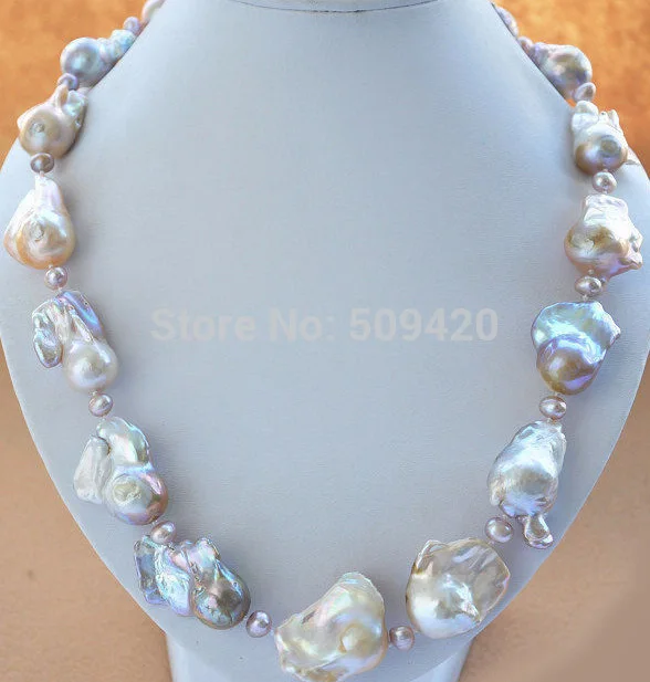 

~~ Free Shipping >>HUGE 19" 34mm PINK LAVENDER BAROQUE KESHI REBORN PEARL NECKLACE