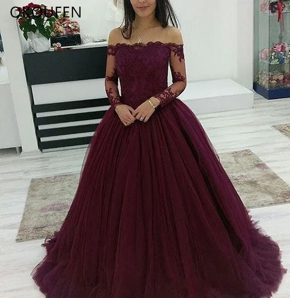 Бальные платья бордовое вечернее платье с открытыми плечами Тюль с длинным рукавом сладкий 16 вечерние элегантное платье vestidos de 15 anos