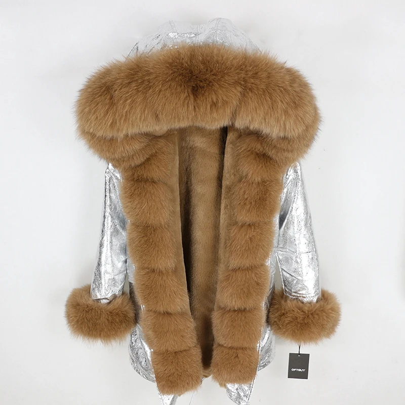 Brand Real Fur Coat Fashion Winter Jacket Women Natural Real Fox Fur Collar Loose Long Parkas Big Fur Outerwear Detachable - Цвет: silver brown