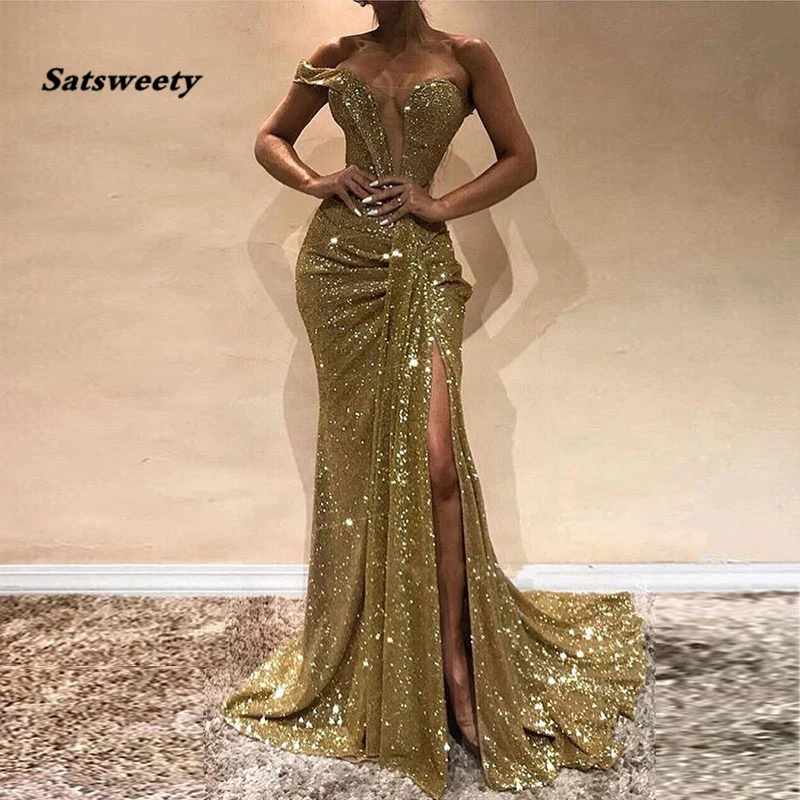 Gold-Sequins-Mermaid-Long-Evening-Gowns-Single-Strap-Pleats-Split-Floor-Length-Sexy-Prom-Gowns-Women