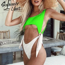 Неоновый зеленый бикини mujer bathers полый цельный купальник женский сексуальный боди монокини с высокой посадкой женский летний купальник