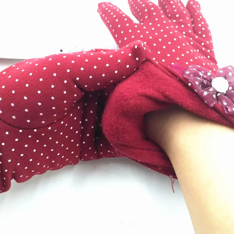 YRRETY модные элегантные женские кружевные хлопчатобумажные перчатки зимние женские в горошек с бантиком теплый Бант Полный палец теплый