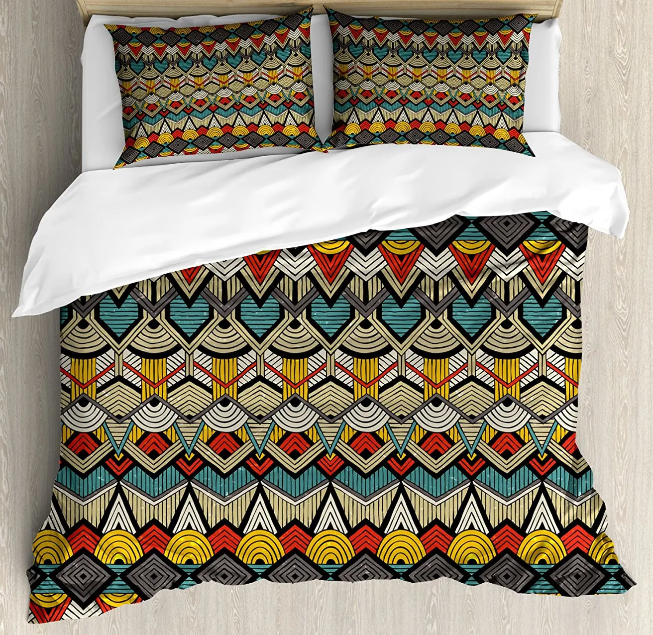

Duvet Cover Set Tribal Chevron Zigzags and Half Circles Folkloric Elements Sharp Canonical Motifs 4 Piece Bedding Set