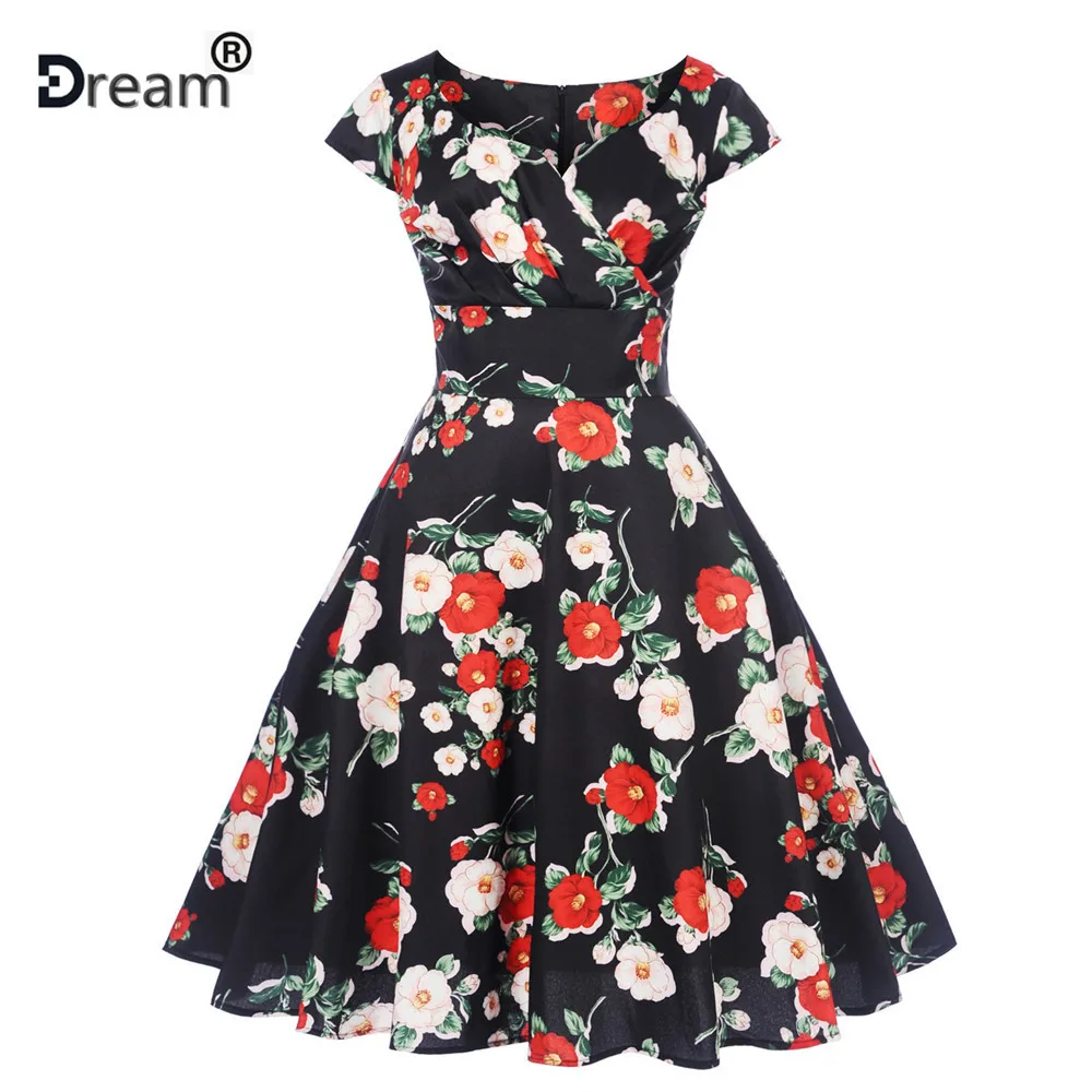 

Plus Size Sexy Party Dress Casual Women 2019 Summer Dresses Elegant Floral Print Red Short Vintage Dress V Neck A-line Vestidos