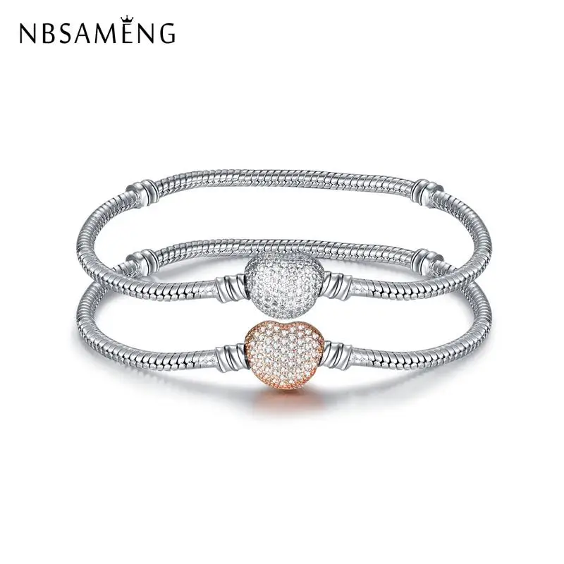 

Original Silver Plated Rose Moments Bracelet Fit Pan Chams Pave CZ Heart Clasp Snake Chain Bracelets Women Fashion Jewelry 2018