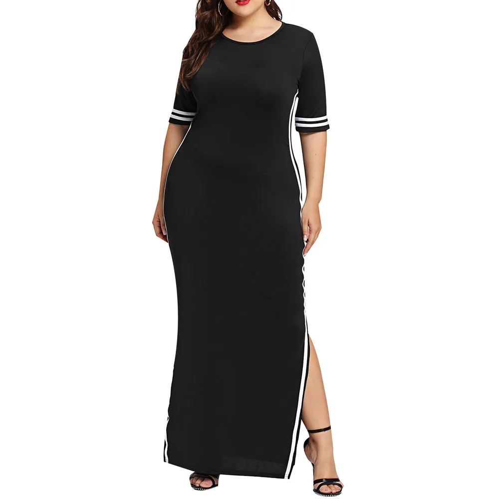 Women Fashion Long Sport Dress Casual Slim Stripe Split Dress casual